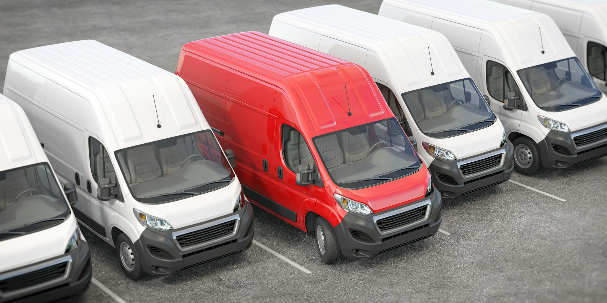 Red delivery van in a row of white vans. Best express delivery and shipemt service concept.